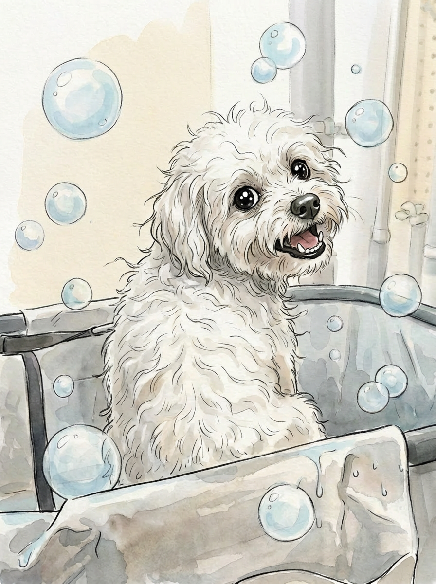 比熊背面洗澡场景