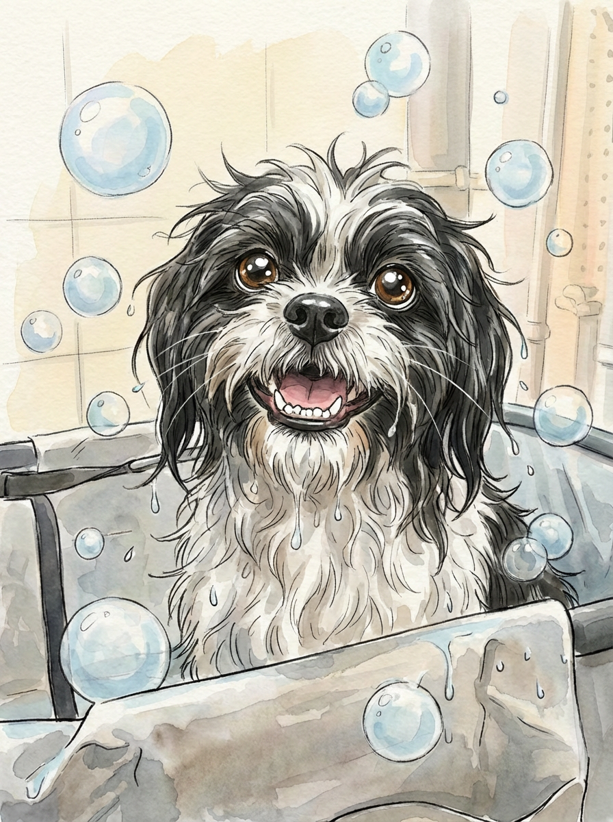 泰迪俯视洗澡场景